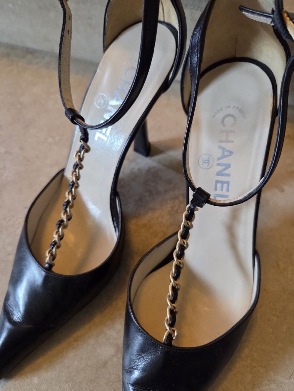CHANEL Vintage Black Leather Chain T-Strap Pumps 38.5